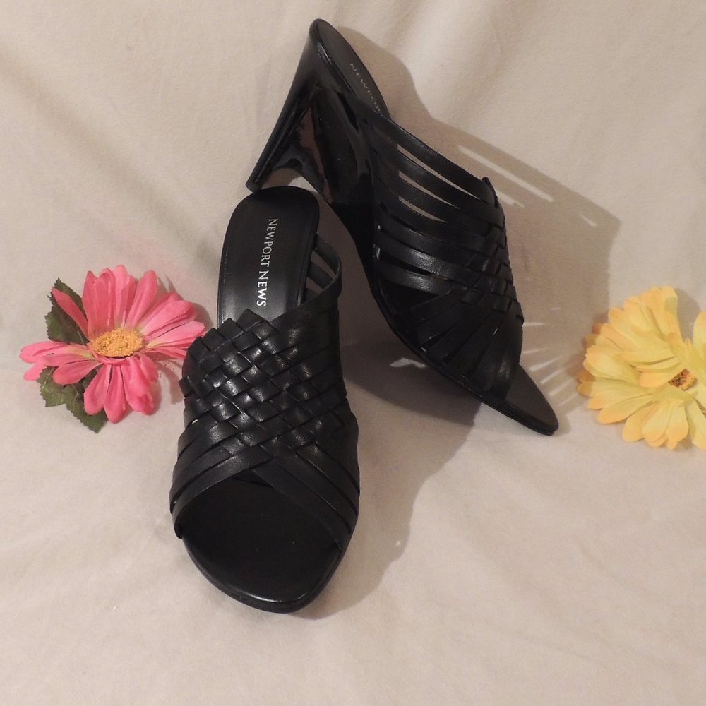 Black Leather Weave Front w/4" Wedge Skinny Heel